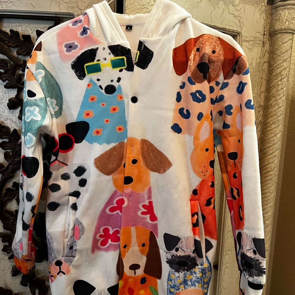 Colorful Dog Print Women's Jacket Button Up Women’s Large . Very Soft